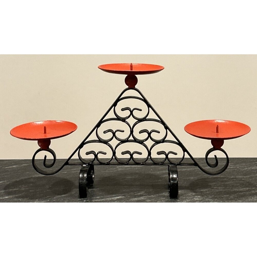 Vintage Black Red Wrought Iron 3 Tier Pillar Candle holder 7.5" x 14" Spanish